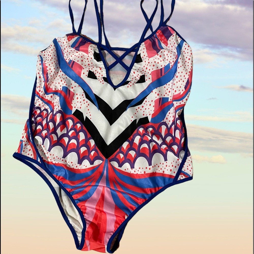 Slinky feel multi color one piece.  Will fit a size 8/10.